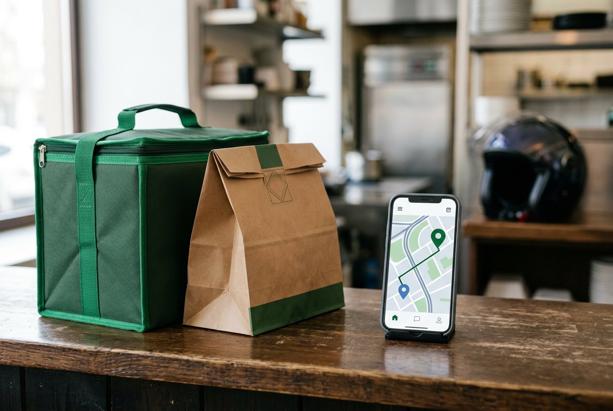 Takeaway delivery bags beside a phone showing a route