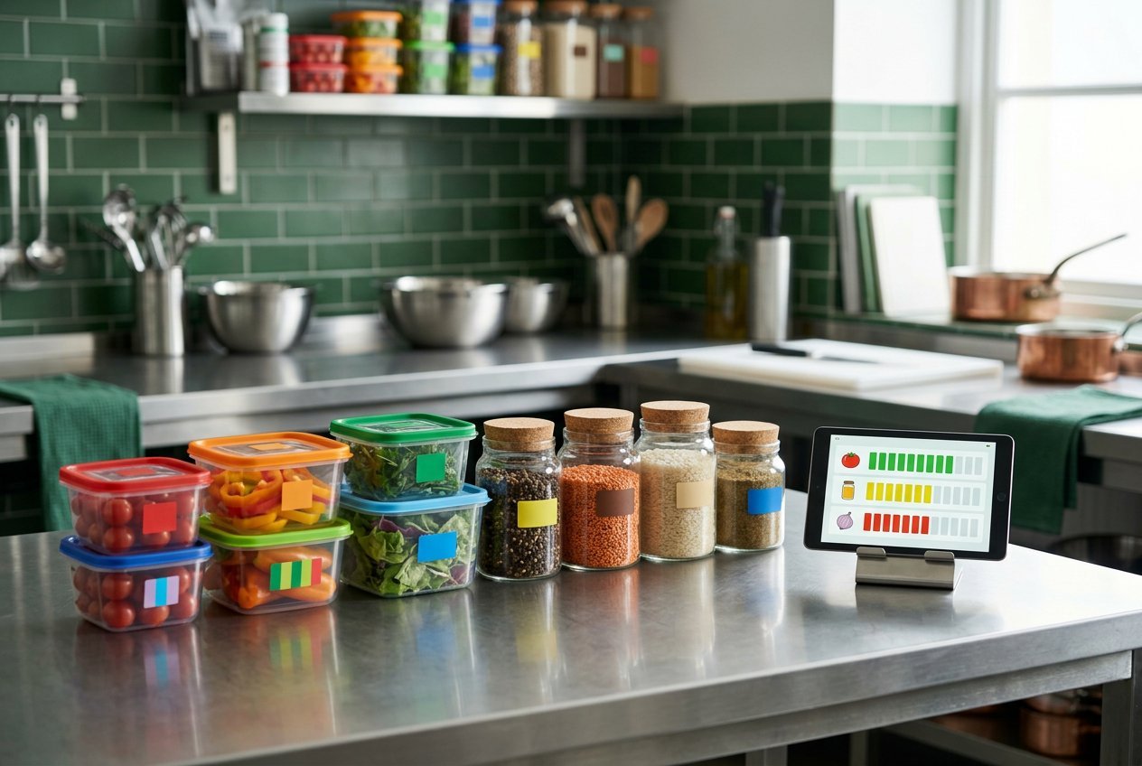 Organized ingredients beside a tablet showing stock levels