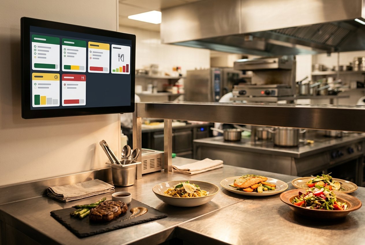 Kitchen display with order tickets beside the service pass