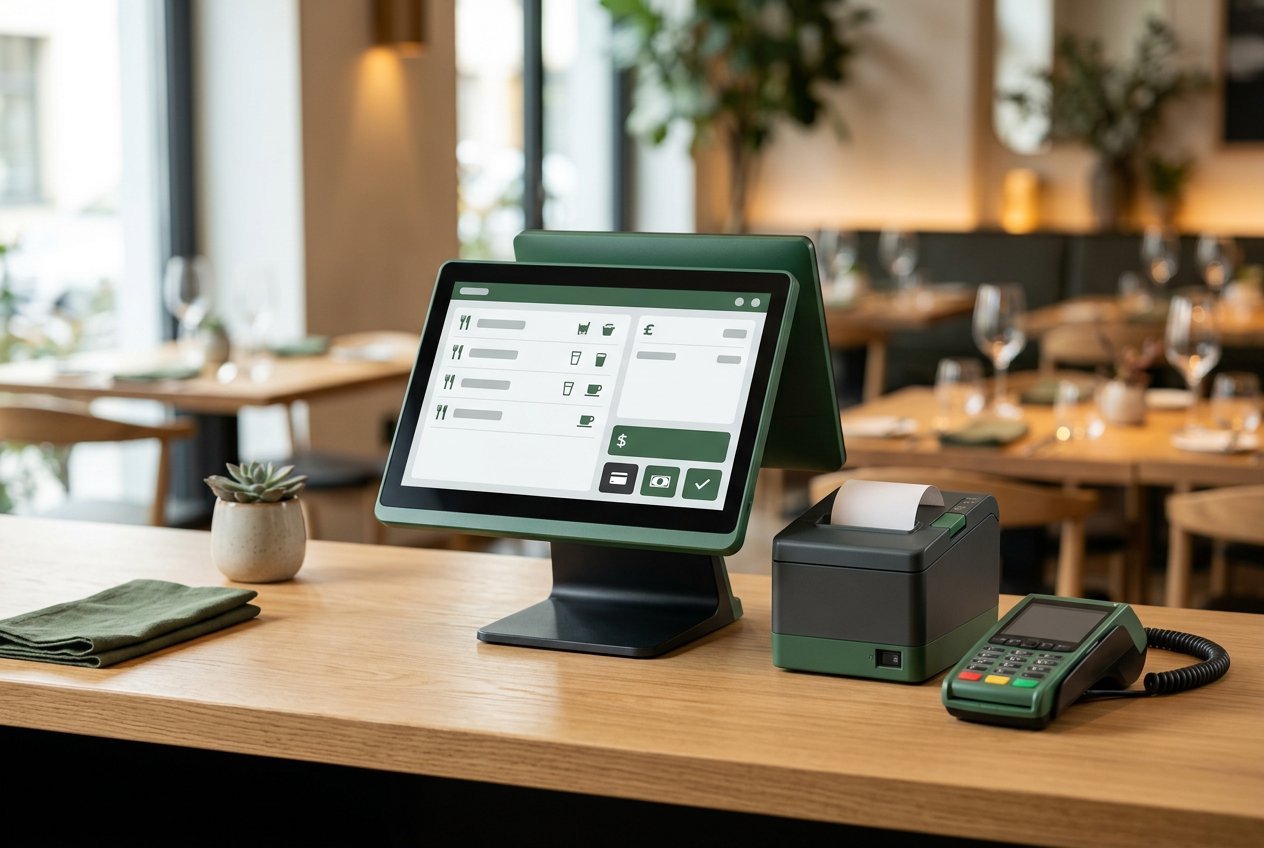 Restaurant POS touchscreen, payment terminal and receipt printer