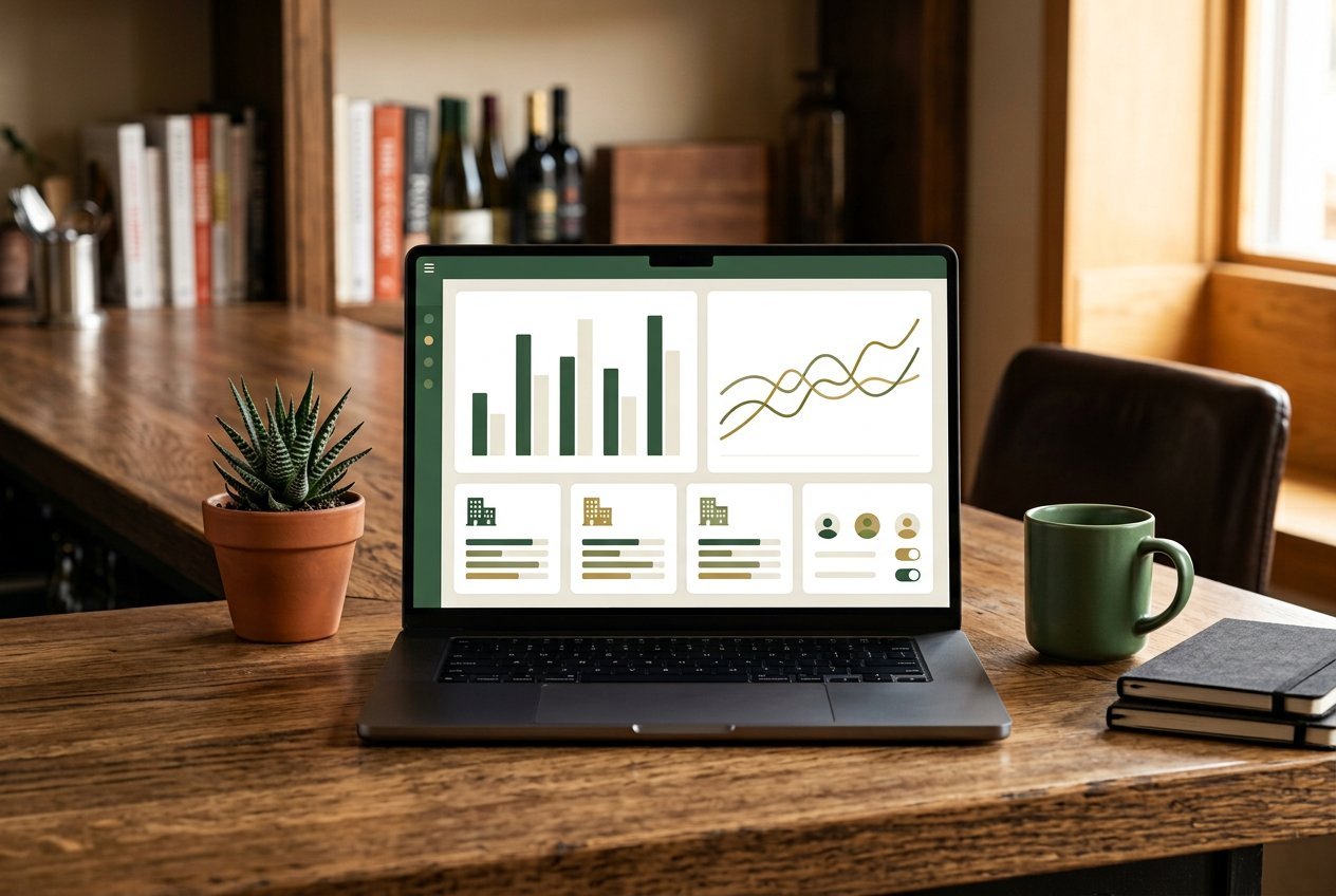 Restaurant reports and team access dashboard on a laptop