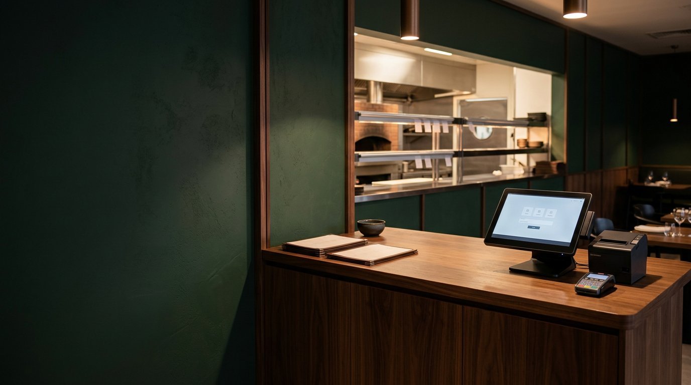 Restaurant counter with a POS terminal and receipt printer