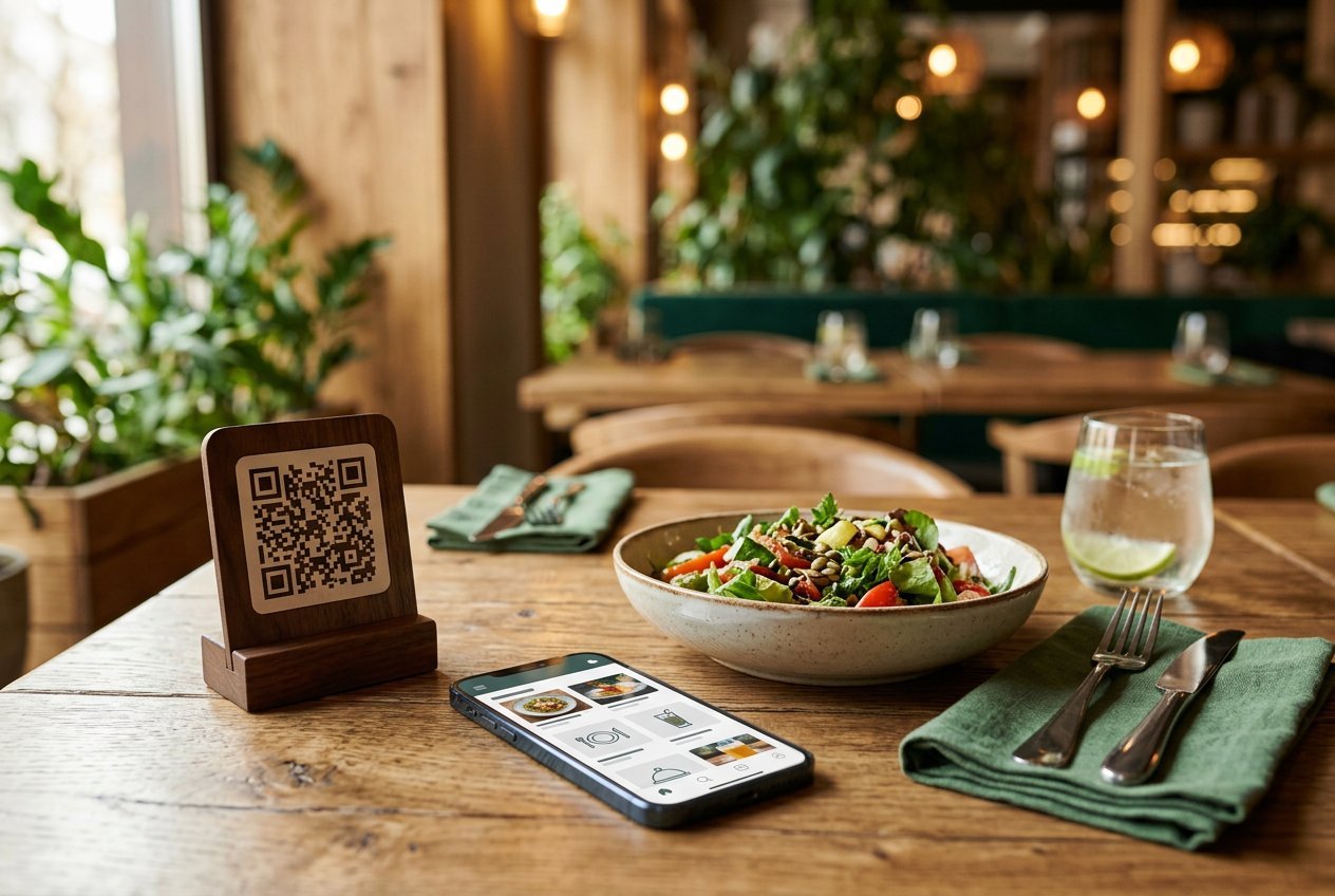 Table QR stand and a phone showing a restaurant menu